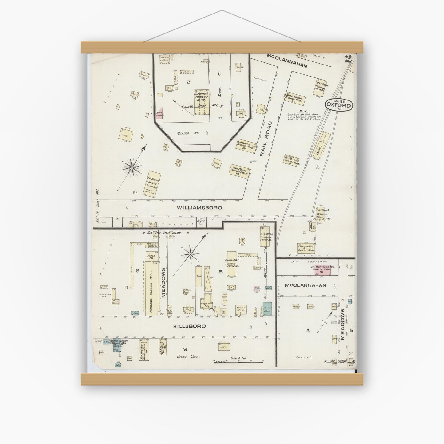 Old map wall art mockup — magnetic wood frame on white wall — Sanborn Fire Insurance Map from Oxford, Granville County, North Carolina (1885), Sheet #0002