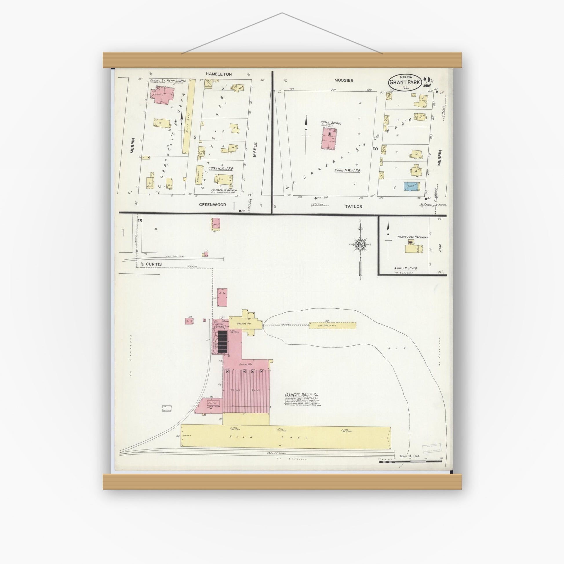 Old map wall art mockup — magnetic wood frame on white wall — Sanborn Fire Insurance Map from Grant Park, Kankakee County, Illinois (1914), Sheet #0002