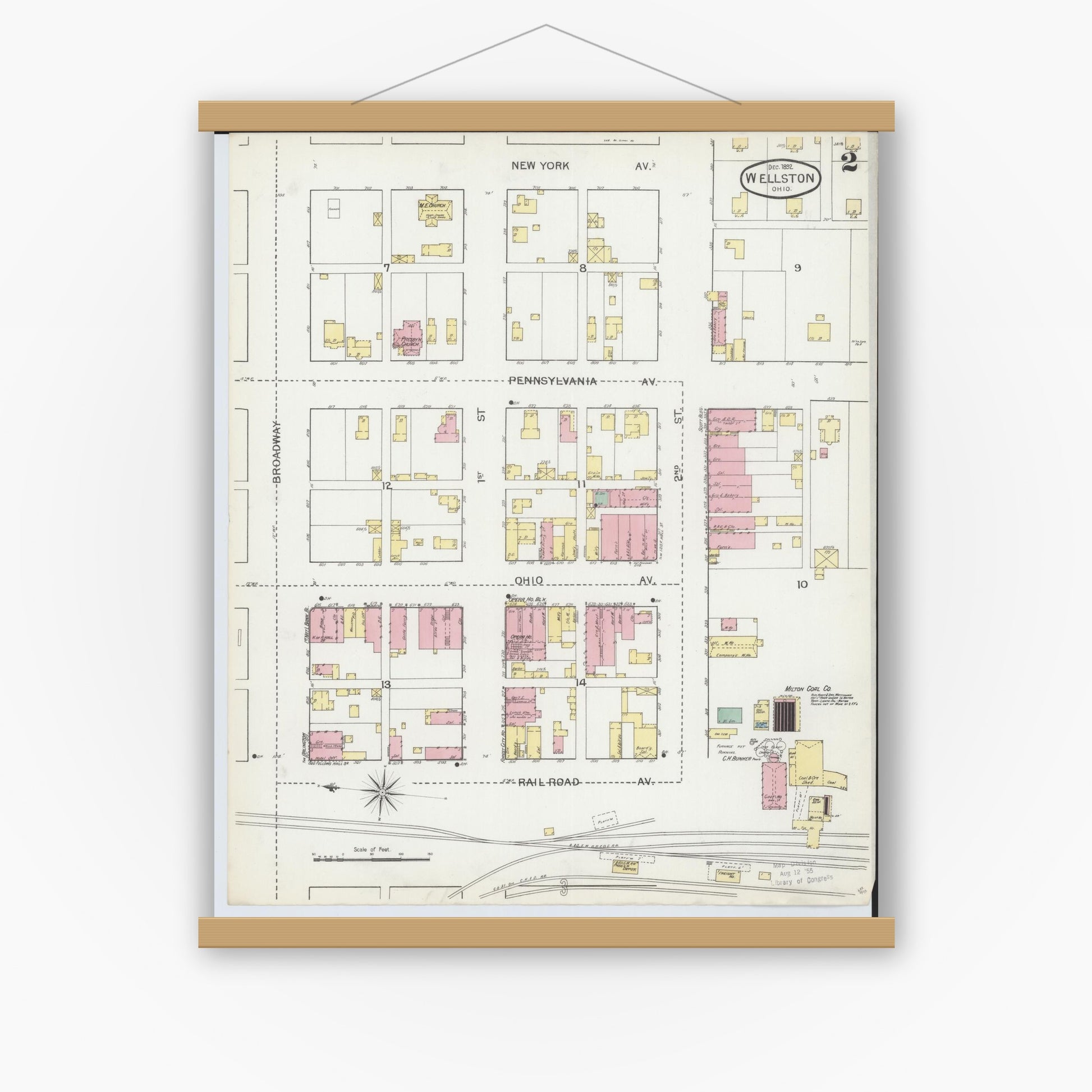 Old map wall art mockup — magnetic wood frame on white wall — Sanborn Fire Insurance Map from Wellston, Jackson County, Ohio (1892), Sheet #0002