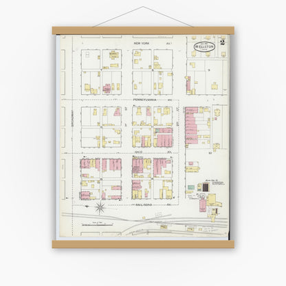 Old map wall art mockup — magnetic wood frame on white wall — Sanborn Fire Insurance Map from Wellston, Jackson County, Ohio (1892), Sheet #0002