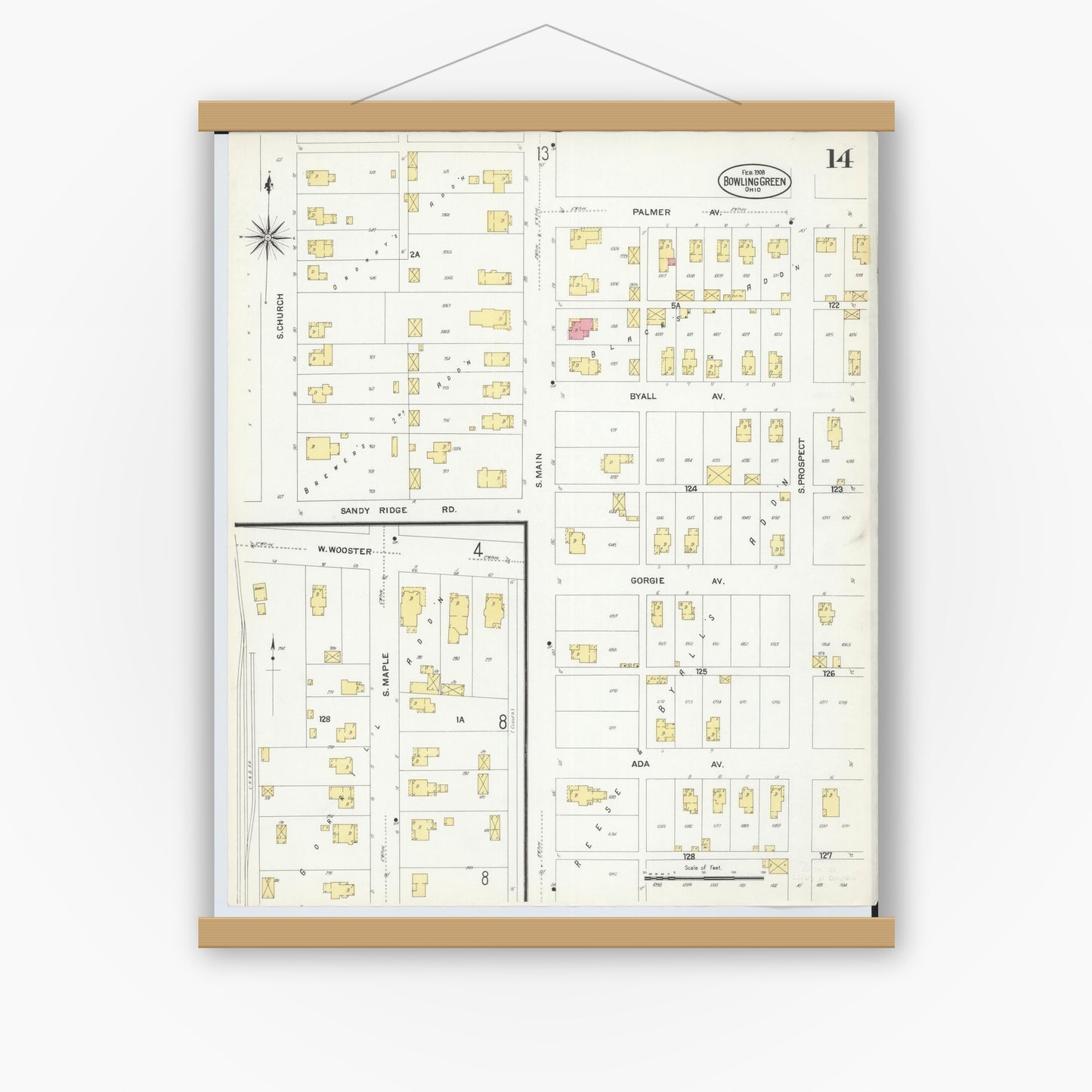Old map wall art mockup — magnetic wood frame on white wall — Sanborn Fire Insurance Map from Bowling Green, Wood County, Ohio (1908), Sheet #0014