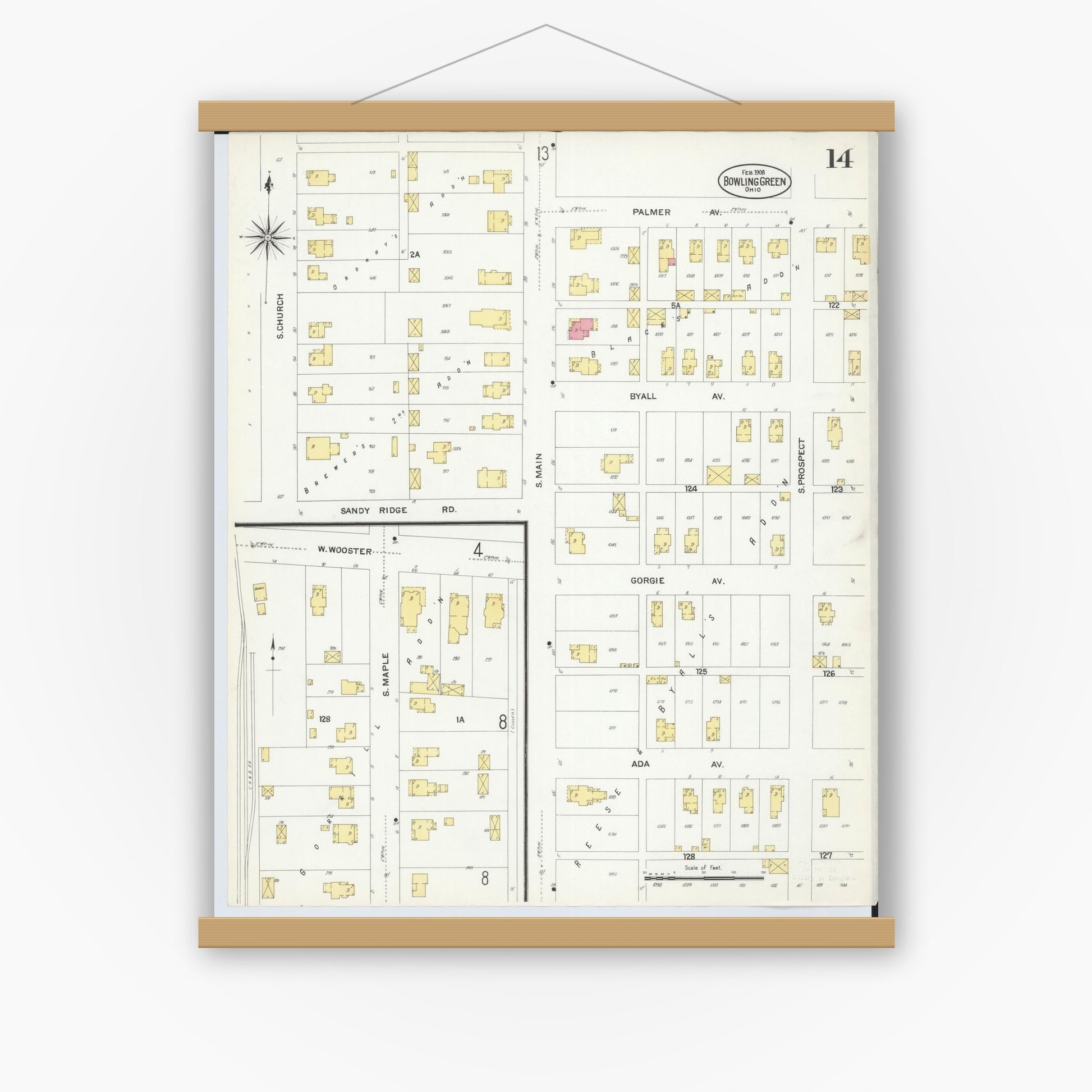Old map wall art mockup — magnetic wood frame on white wall — Sanborn Fire Insurance Map from Bowling Green, Wood County, Ohio (1908), Sheet #0014