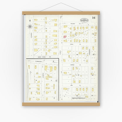 Old map wall art mockup — magnetic wood frame on white wall — Sanborn Fire Insurance Map from Bowling Green, Wood County, Ohio (1908), Sheet #0014