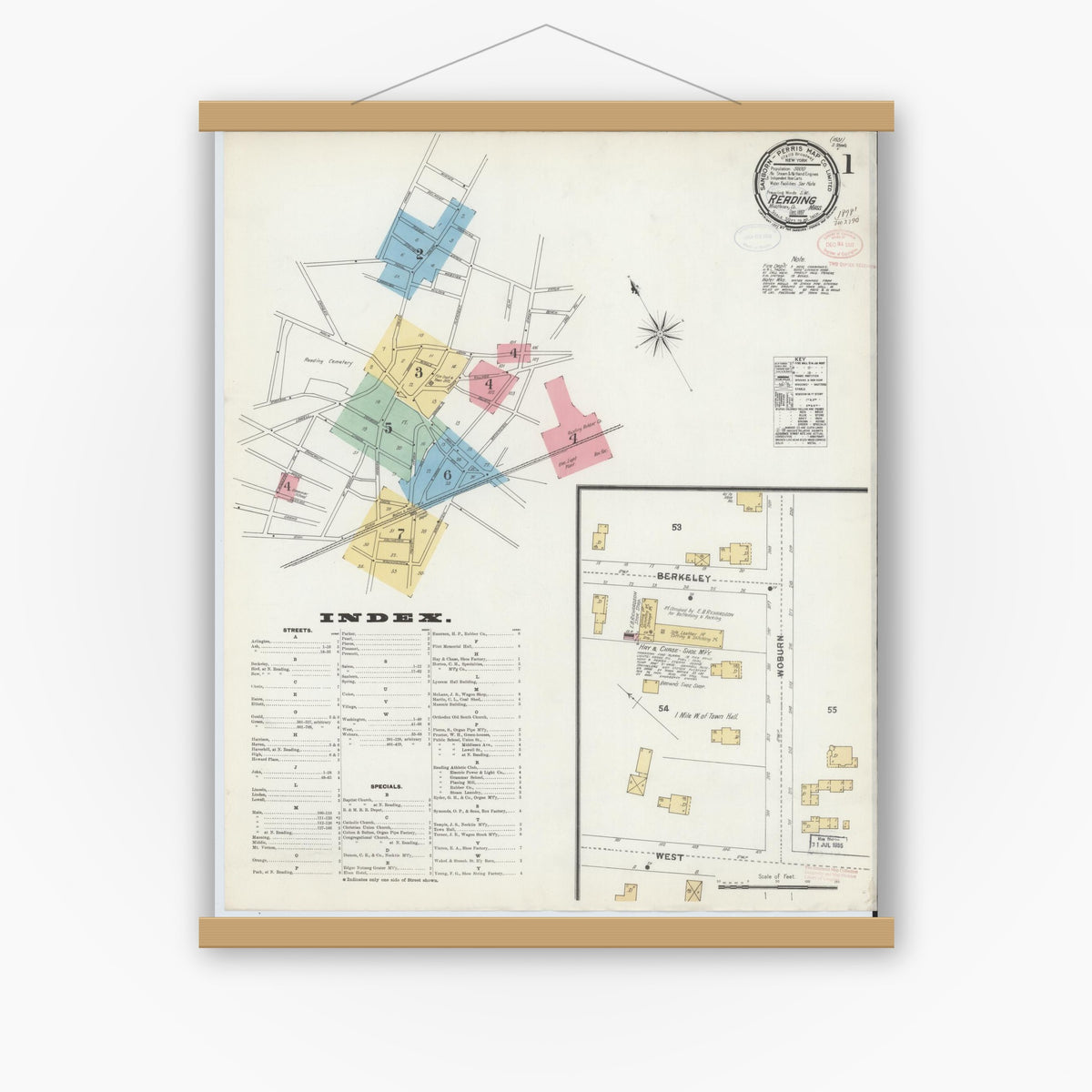 Old map wall art mockup — magnetic wood frame on white wall — Sanborn Fire Insurance Map from Reading, Middlesex County, Massachusetts (1897), Sheet #0001