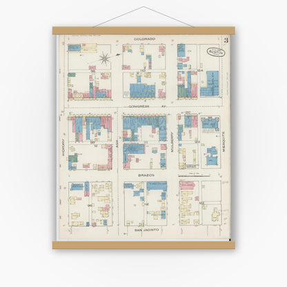 Old map wall art mockup — magnetic wood frame on white wall — Sanborn Fire Insurance Map from Austin, Travis County, Texas (1885), Sheet #0003