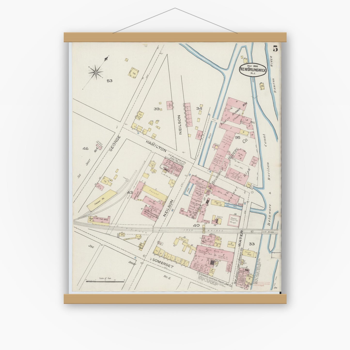 Old map wall art mockup — magnetic wood frame on white wall — Sanborn Fire Insurance Map from New Brunswick, Middlesex County, New Jersey (1886), Sheet #0005