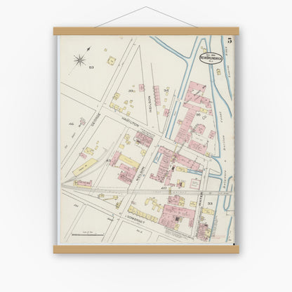 Old map wall art mockup — magnetic wood frame on white wall — Sanborn Fire Insurance Map from New Brunswick, Middlesex County, New Jersey (1886), Sheet #0005