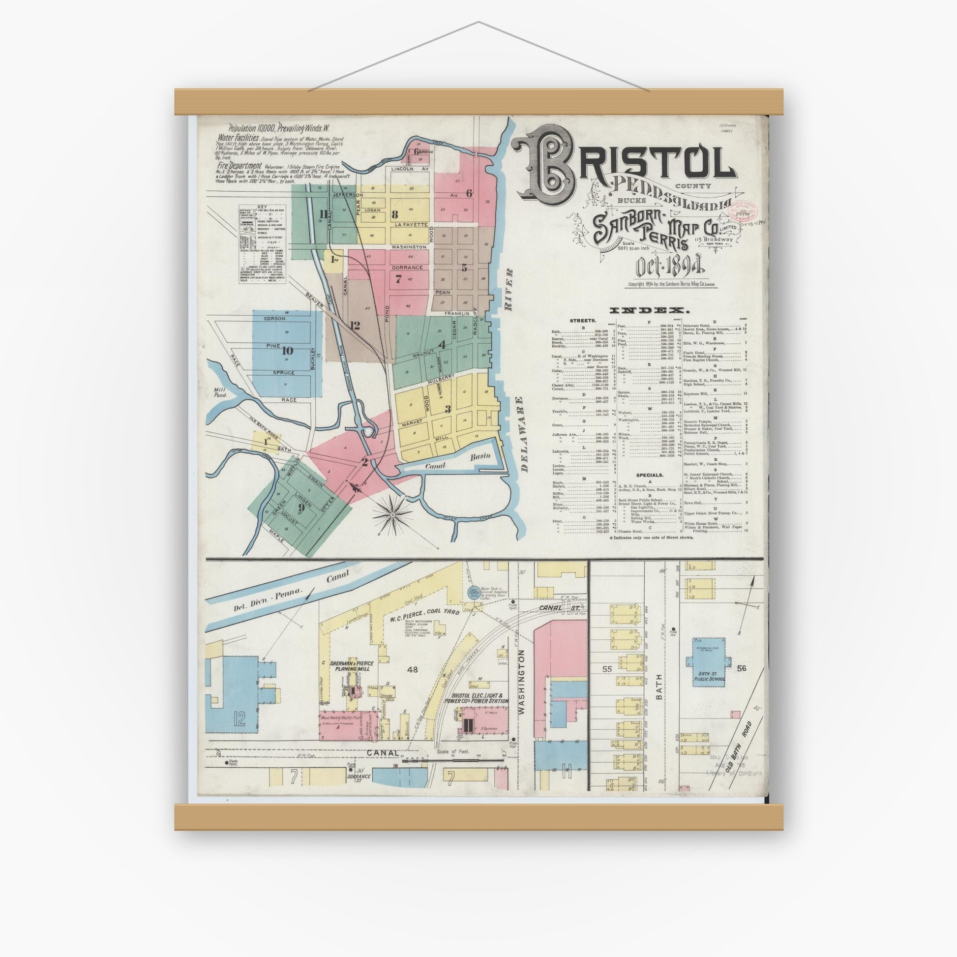 Old map wall art mockup — magnetic wood frame on white wall — Sanborn Fire Insurance Map from Bristol, Bucks County, Pennsylvania (1894), Sheet #0001