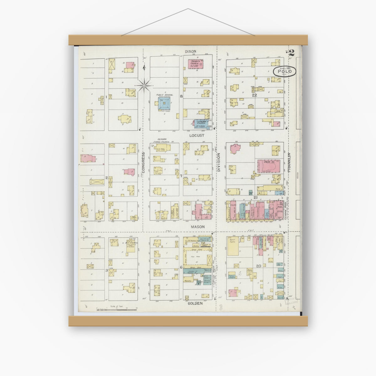 Old map wall art mockup — magnetic wood frame on white wall — Sanborn Fire Insurance Map from Polo, Ogle County, Illinois (1893), Sheet #0002