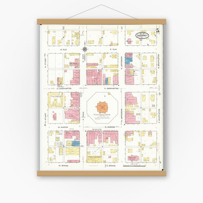 Old map wall art mockup — magnetic wood frame on white wall — Sanborn Fire Insurance Map from Sigourney, Kiokuk County, Iowa (1916), Sheet #0005