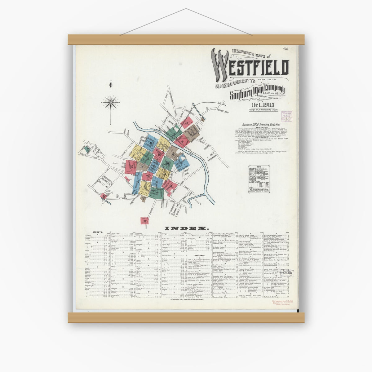 Old map wall art mockup — magnetic wood frame on white wall — Sanborn Fire Insurance Map from Westfield, Hampden County, Massachusetts (1905) - Complete Map Set