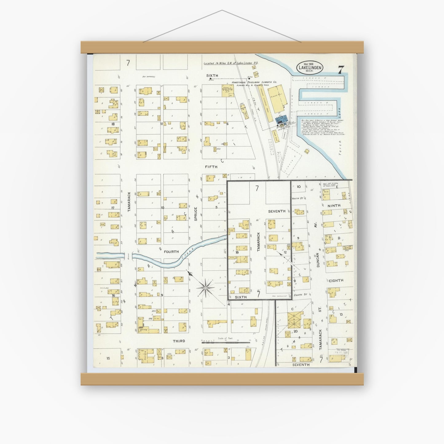 Old map wall art mockup — magnetic wood frame on white wall — Sanborn Fire Insurance Map from Lake Linden, Houghton County, Michigan (1908), Sheet #0007