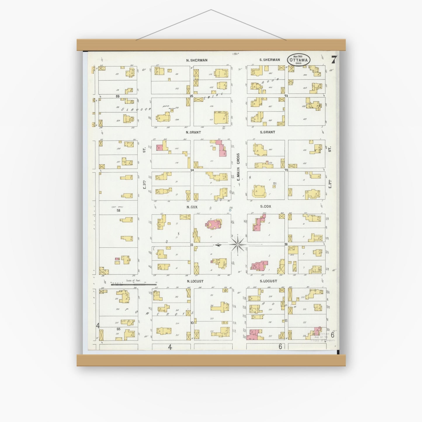 Old map wall art mockup — magnetic wood frame on white wall — Sanborn Fire Insurance Map from Ottawa, Putnam County, Ohio (1900), Sheet #0007