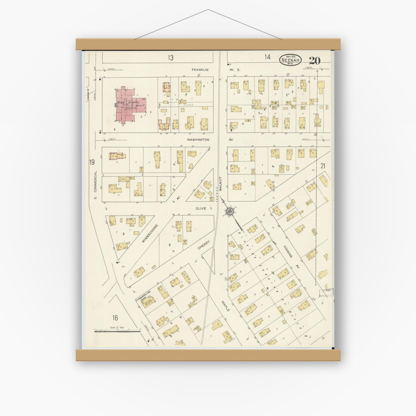 Old map wall art mockup — magnetic wood frame on white wall — Sanborn Fire Insurance Map from Neenah, Winnebago County, Wisconsin (1913), Sheet #0020