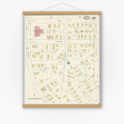 Old map wall art mockup — magnetic wood frame on white wall — Sanborn Fire Insurance Map from Neenah, Winnebago County, Wisconsin (1913), Sheet #0020