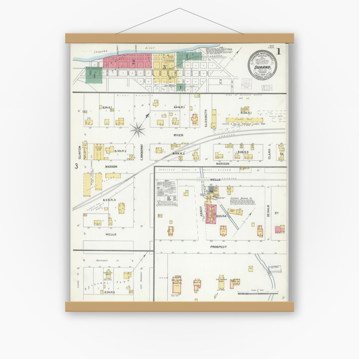 Old map wall art mockup — magnetic wood frame on white wall — Sanborn Fire Insurance Map from Durand, Pepin County, Wisconsin (1904) - Complete Map Set