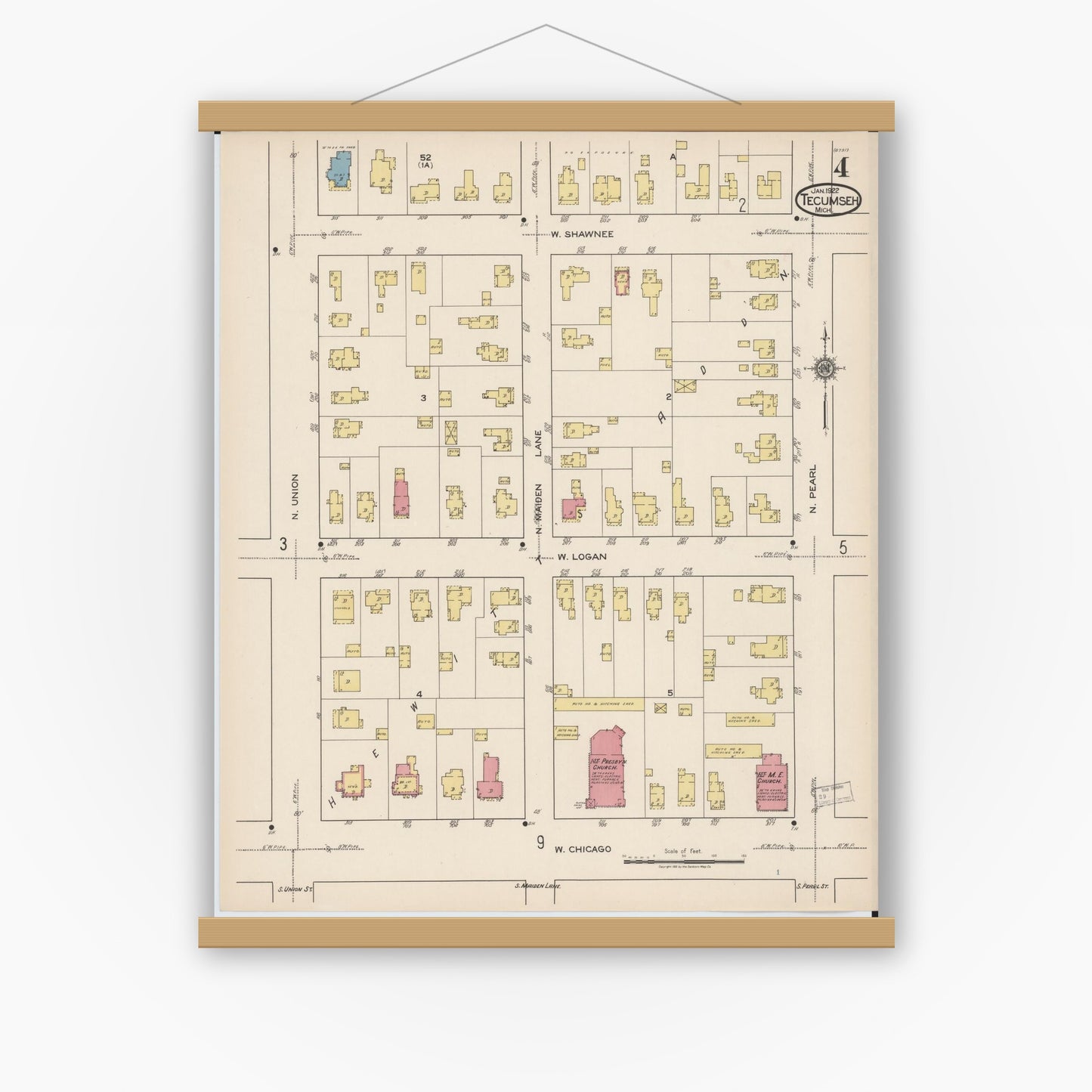 Old map wall art mockup — magnetic wood frame on white wall — Sanborn Fire Insurance Map from Tecumseh, Lenawee County, Michigan (1922), Sheet #0004