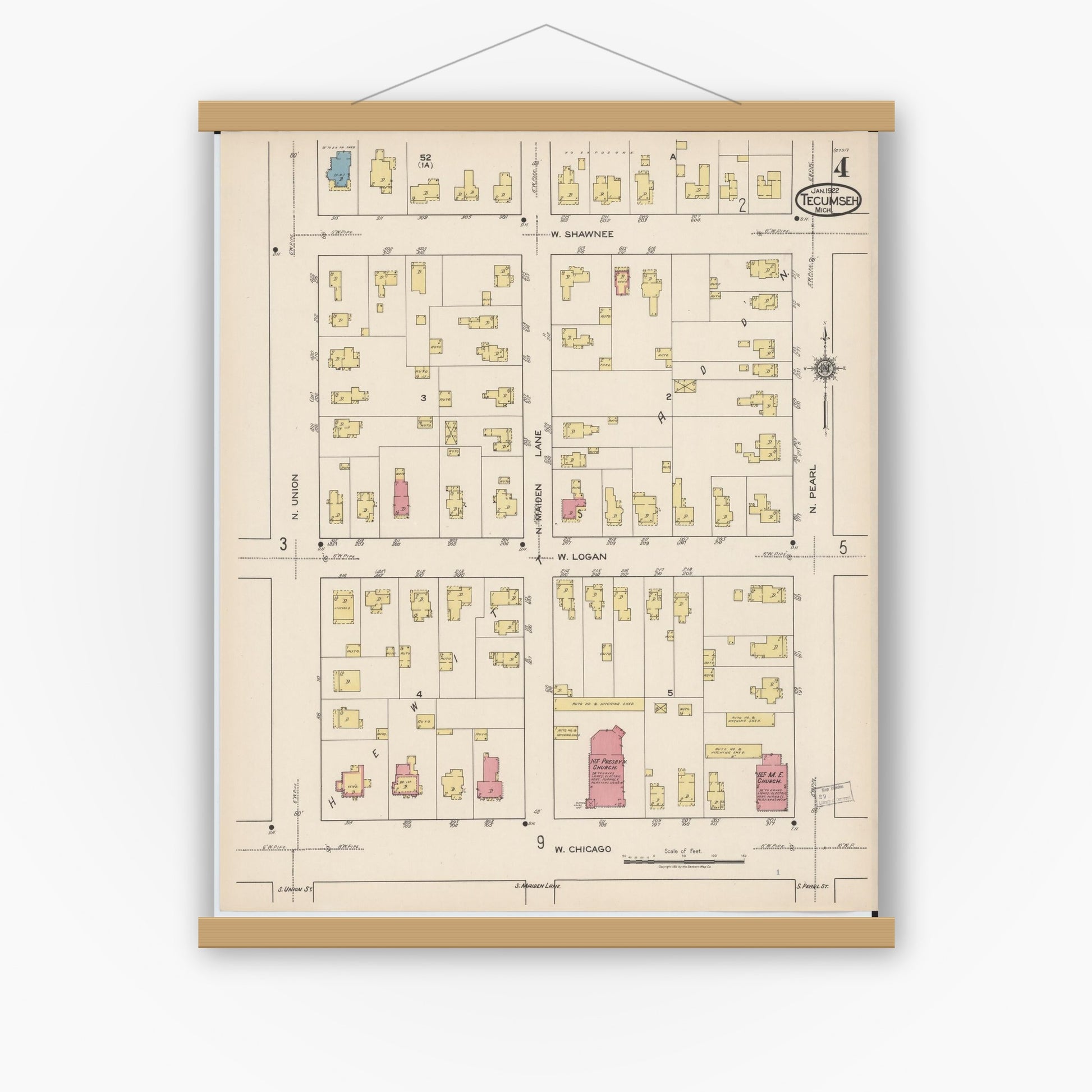 Old map wall art mockup — magnetic wood frame on white wall — Sanborn Fire Insurance Map from Tecumseh, Lenawee County, Michigan (1922), Sheet #0004