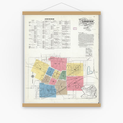 Old map wall art mockup — magnetic wood frame on white wall — Sanborn Fire Insurance Map from Longview, Gregg County, Texas (1916), Sheet #0001