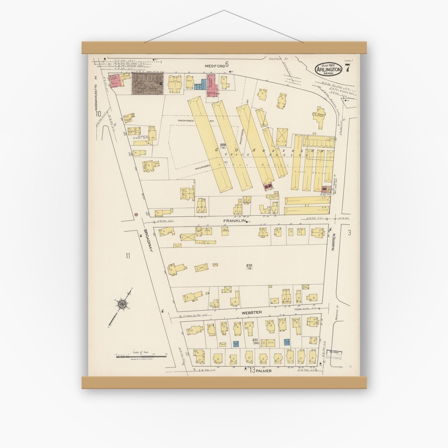 Old map wall art mockup — magnetic wood frame on white wall — Sanborn Fire Insurance Map from Arlington, Middlesex County, Massachusetts (1922), Sheet #0007
