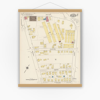 Old map wall art mockup — magnetic wood frame on white wall — Sanborn Fire Insurance Map from Arlington, Middlesex County, Massachusetts (1922), Sheet #0007