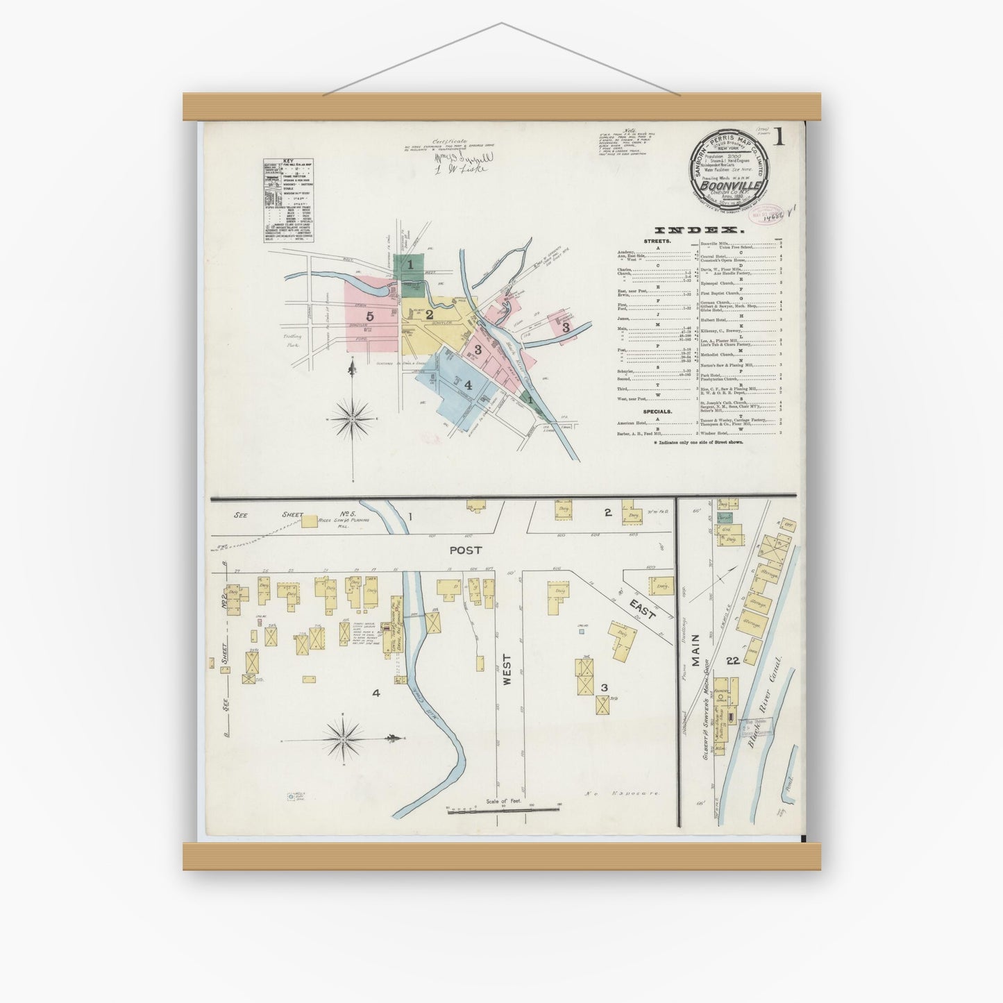 Old map wall art mockup — magnetic wood frame on white wall — Sanborn Fire Insurance Map from Boonville, Oneida County, New York (1890) - Complete Map Set