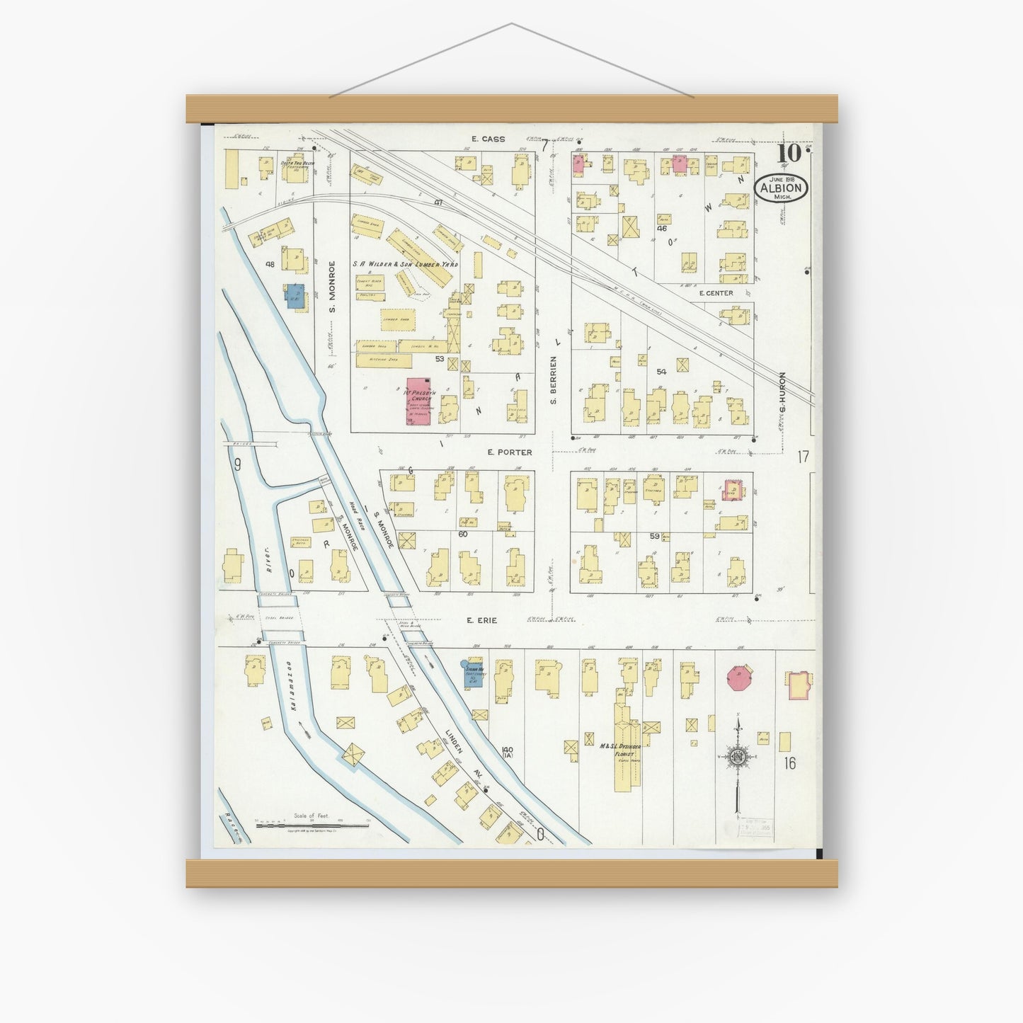 Old map wall art mockup — magnetic wood frame on white wall — Sanborn Fire Insurance Map from Albion, Calhoun County, Michigan (1918), Sheet #0010