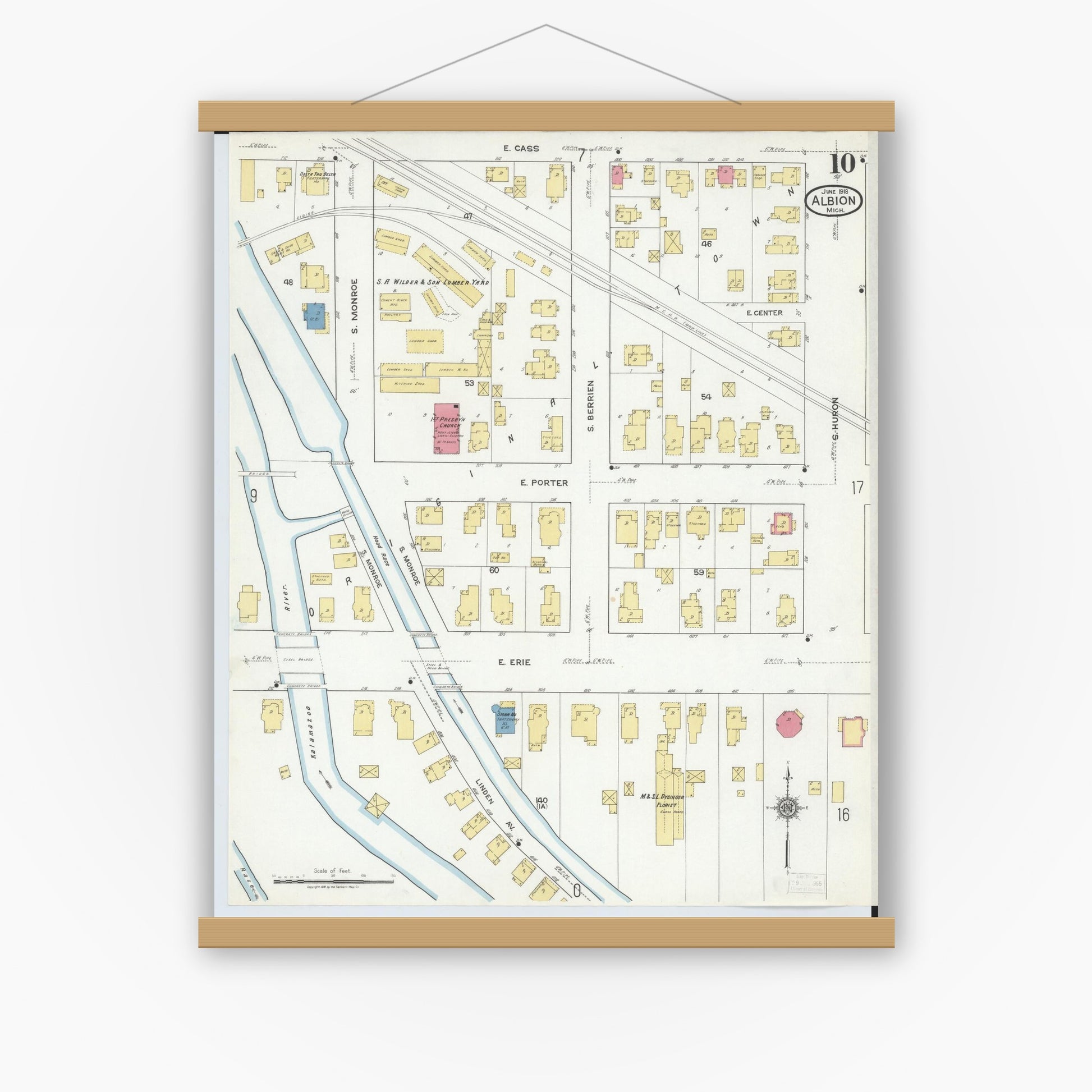 Old map wall art mockup — magnetic wood frame on white wall — Sanborn Fire Insurance Map from Albion, Calhoun County, Michigan (1918), Sheet #0010