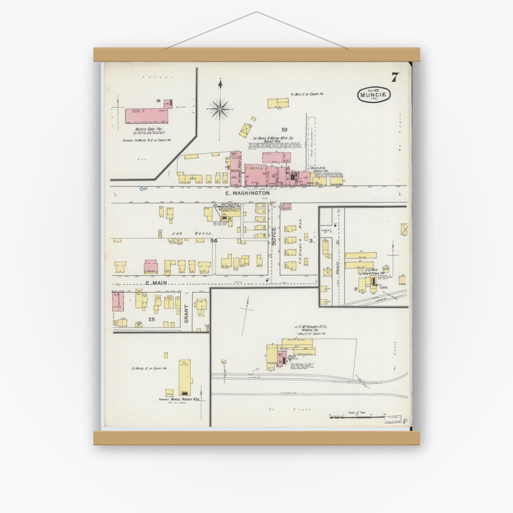 Old map wall art mockup — magnetic wood frame on white wall — Sanborn Fire Insurance Map from Muncie, Delaware County, Indiana (1892), Sheet #0007
