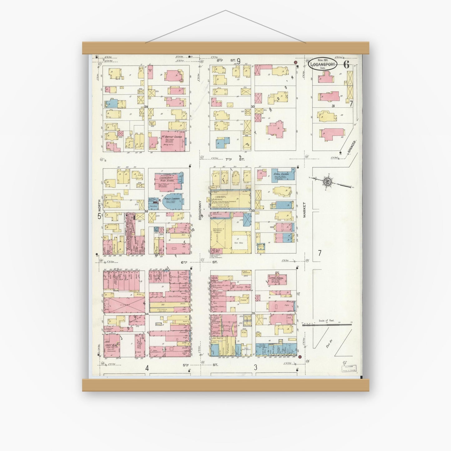 Old map wall art mockup — magnetic wood frame on white wall — Sanborn Fire Insurance Map from Logansport, Cass County, Indiana (1911), Sheet #0006