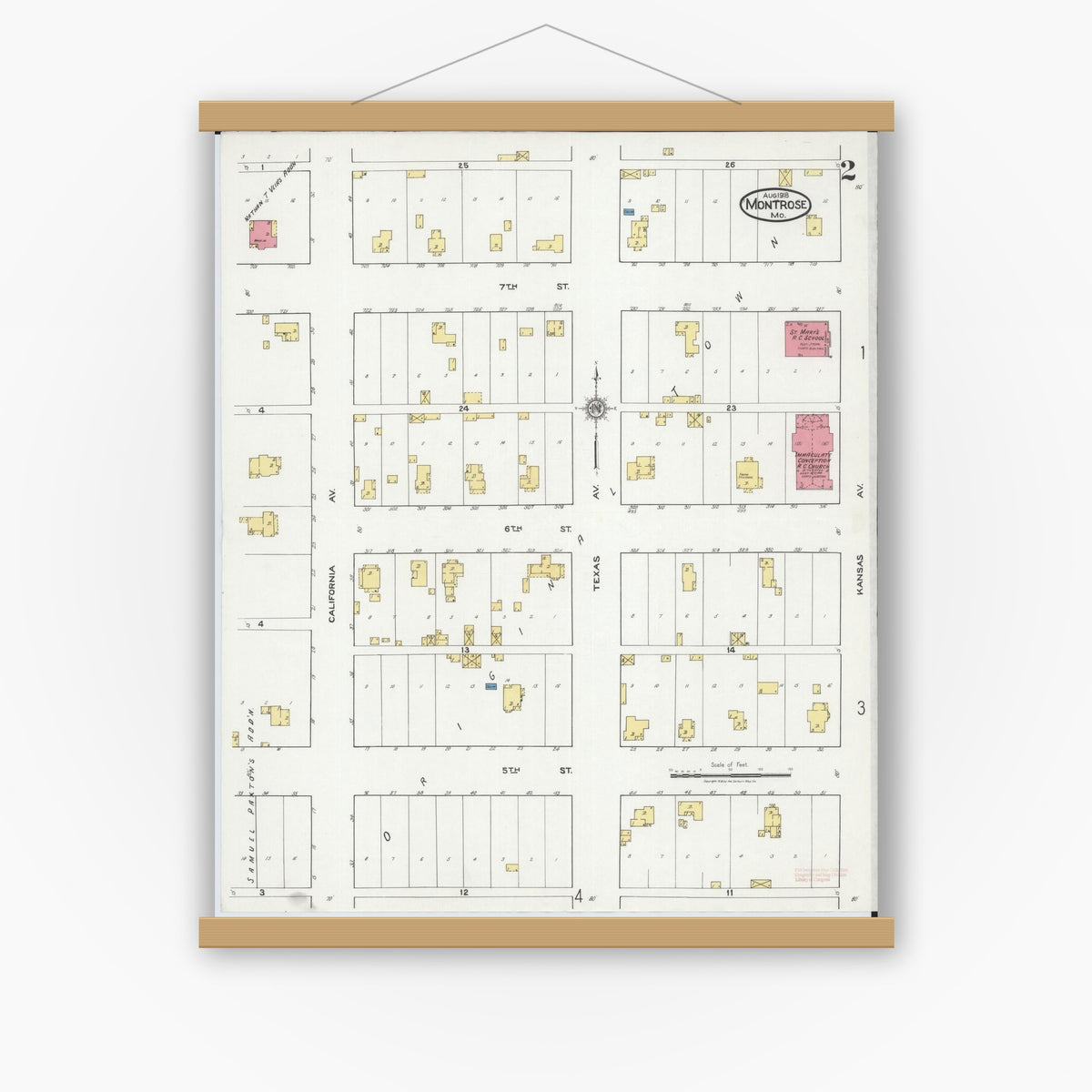 Old map wall art mockup — magnetic wood frame on white wall — Sanborn Fire Insurance Map from Montrose, Henry County, Missouri (1918), Sheet #0002