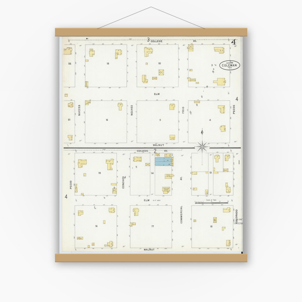 Old map wall art mockup — magnetic wood frame on white wall — Sanborn Fire Insurance Map from Coleman, Coleman County, Texas (1898), Sheet #0004