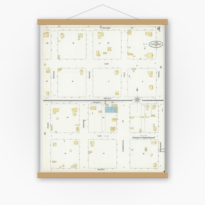 Old map wall art mockup — magnetic wood frame on white wall — Sanborn Fire Insurance Map from Coleman, Coleman County, Texas (1898), Sheet #0004