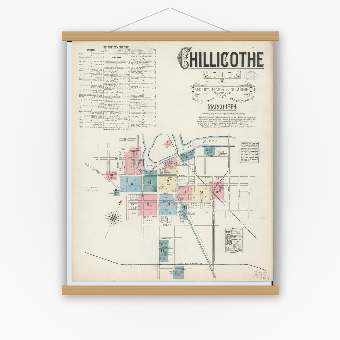 Old map wall art mockup — magnetic wood frame on white wall — Sanborn Fire Insurance Map from Chillicothe, Ross County, Ohio (1884), Sheet #0001