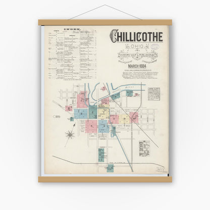 Old map wall art mockup — magnetic wood frame on white wall — Sanborn Fire Insurance Map from Chillicothe, Ross County, Ohio (1884), Sheet #0001