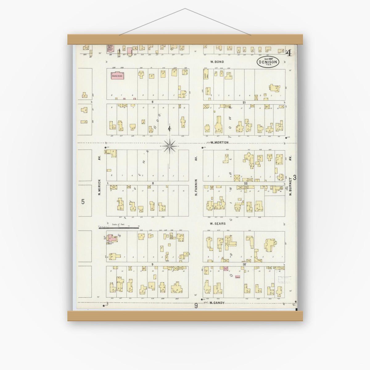 Old map wall art mockup — magnetic wood frame on white wall — Sanborn Fire Insurance Map from Denison, Grayson County, Texas (1897), Sheet #0004