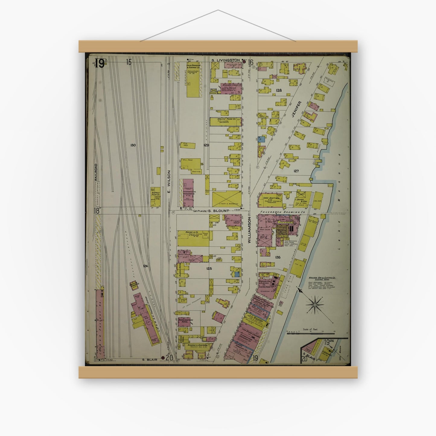 Old map wall art mockup — magnetic wood frame on white wall — Sanborn Fire Insurance Map from Madison, Dane County, Wisconsin (1908), Sheet #0019