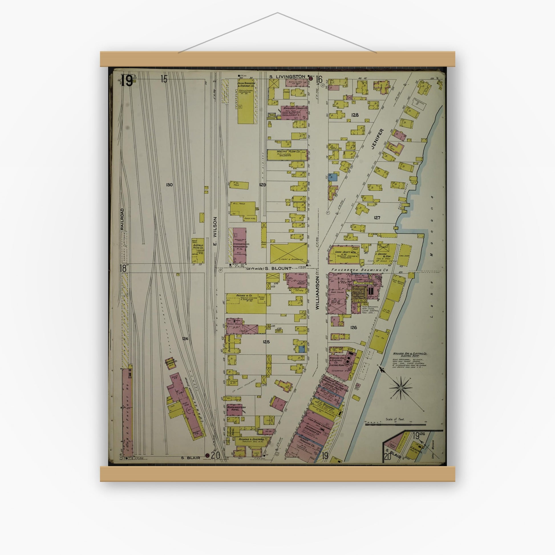 Old map wall art mockup — magnetic wood frame on white wall — Sanborn Fire Insurance Map from Madison, Dane County, Wisconsin (1908), Sheet #0019