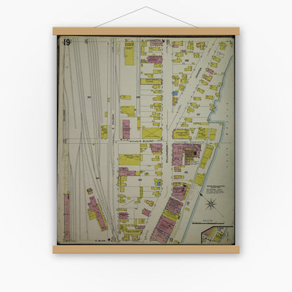 Old map wall art mockup — magnetic wood frame on white wall — Sanborn Fire Insurance Map from Madison, Dane County, Wisconsin (1908), Sheet #0019