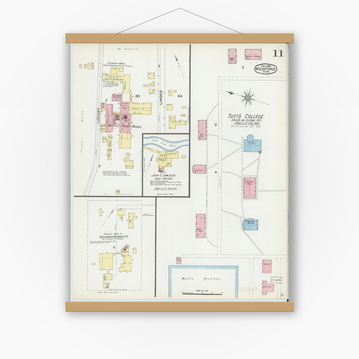 Old map wall art mockup — magnetic wood frame on white wall — Sanborn Fire Insurance Map from Medford, Middlesex County, Massachusetts (1892), Sheet #0011