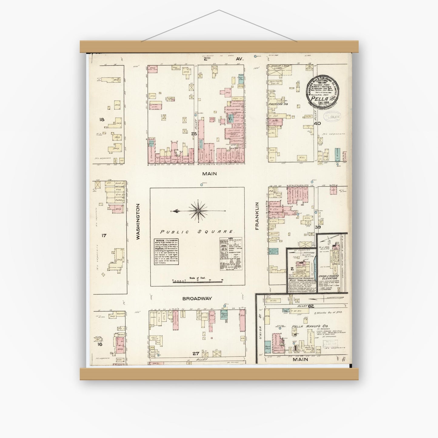 Old map wall art mockup — magnetic wood frame on white wall — Sanborn Fire Insurance Map from Pella, Marion County, Iowa (1883), Sheet #0001