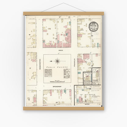 Old map wall art mockup — magnetic wood frame on white wall — Sanborn Fire Insurance Map from Pella, Marion County, Iowa (1883), Sheet #0001