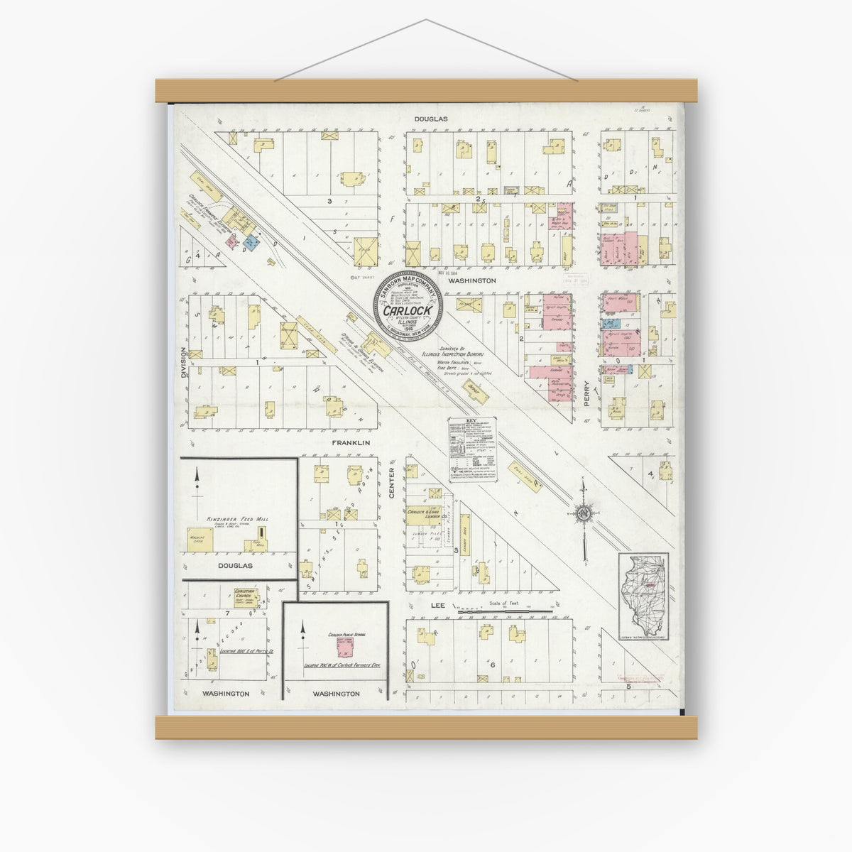 Old map wall art mockup — magnetic wood frame on white wall — Sanborn Fire Insurance Map from Carlock, McLean County, Illinois (1914), Sheet #0001