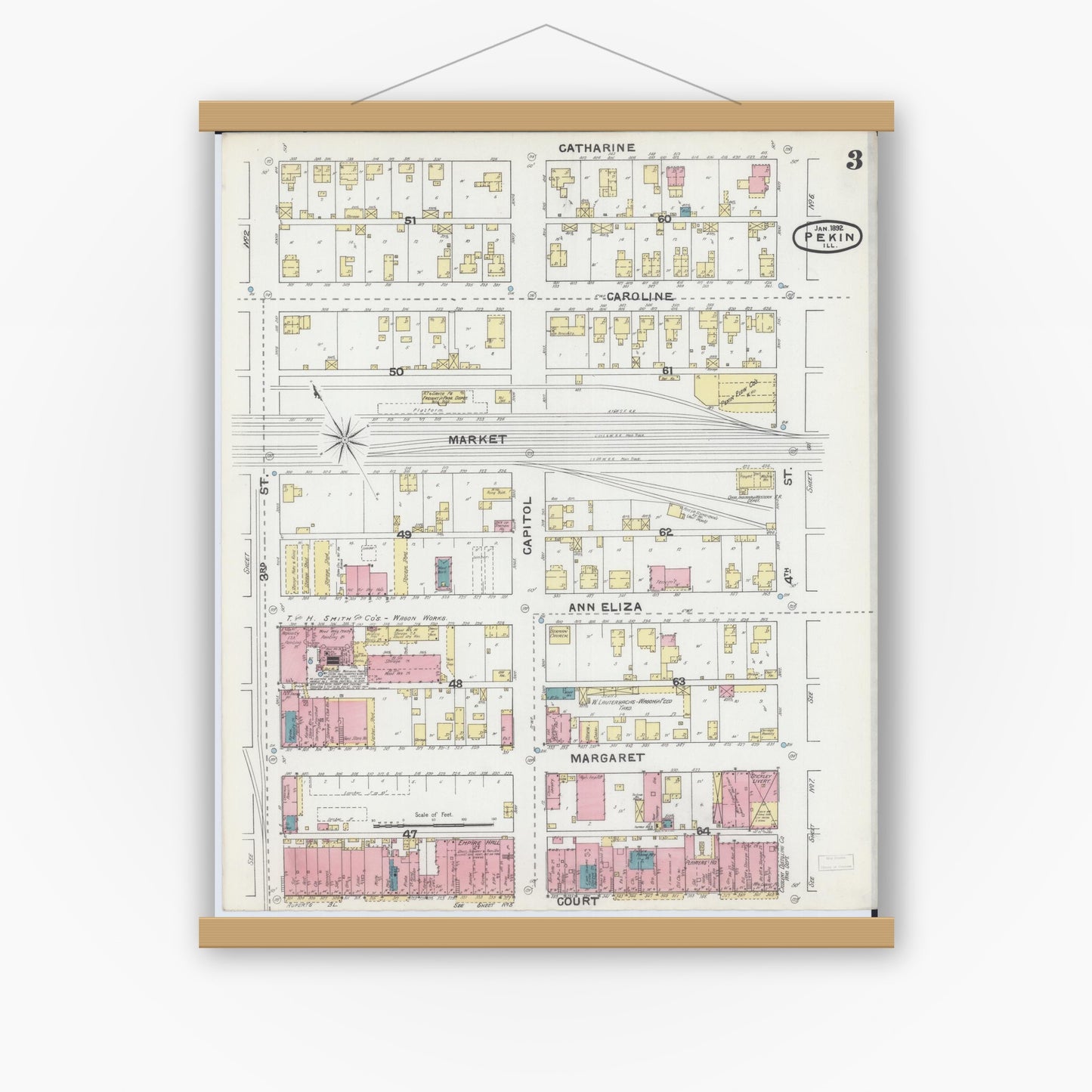 Old map wall art mockup — magnetic wood frame on white wall — Sanborn Fire Insurance Map from Pekin, Tazewell County, Illinois (1892), Sheet #0003