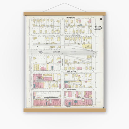 Old map wall art mockup — magnetic wood frame on white wall — Sanborn Fire Insurance Map from Pekin, Tazewell County, Illinois (1892), Sheet #0003