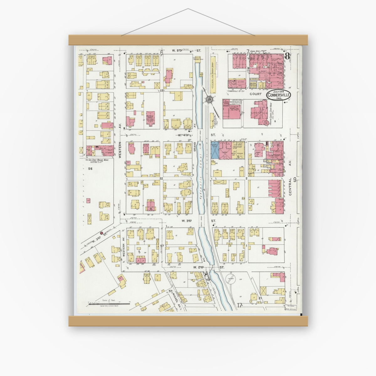 Old map wall art mockup — magnetic wood frame on white wall — Sanborn Fire Insurance Map from Connersville, Fayette County, Indiana (1919), Sheet #0008