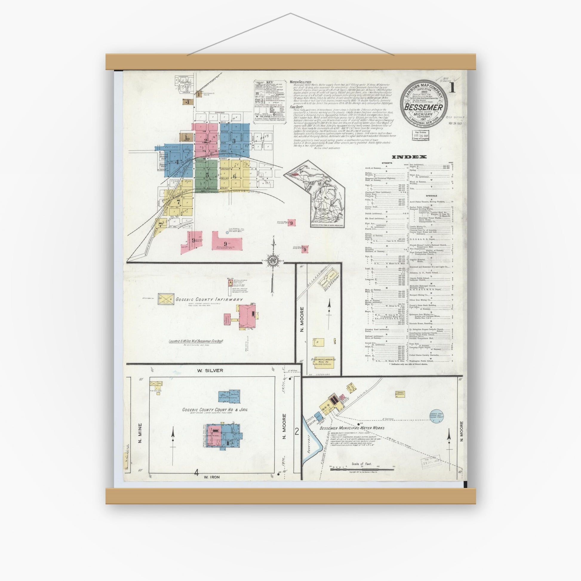 Old map wall art mockup — magnetic wood frame on white wall — Sanborn Fire Insurance Map from Bessemer, Gogebic County, Michigan (1917) - Complete Map Set