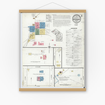 Old map wall art mockup — magnetic wood frame on white wall — Sanborn Fire Insurance Map from Bessemer, Gogebic County, Michigan (1917) - Complete Map Set