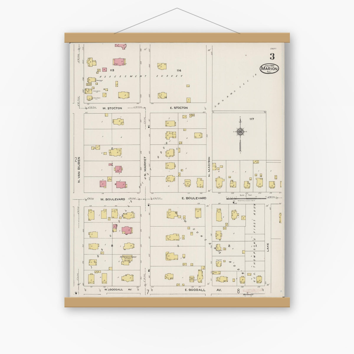Old map wall art mockup — magnetic wood frame on white wall — Sanborn Fire Insurance Map from Marion, Williamson County, Illinois (1922), Sheet #0003