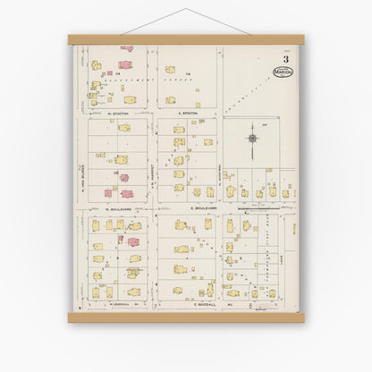 Old map wall art mockup — magnetic wood frame on white wall — Sanborn Fire Insurance Map from Marion, Williamson County, Illinois (1922), Sheet #0003